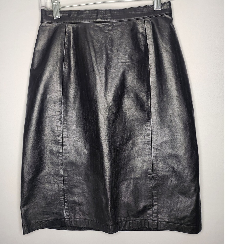 Vintage 90s Amati Black Genuine leather high waist skirt Size 10 Back‎ Zip/Snap